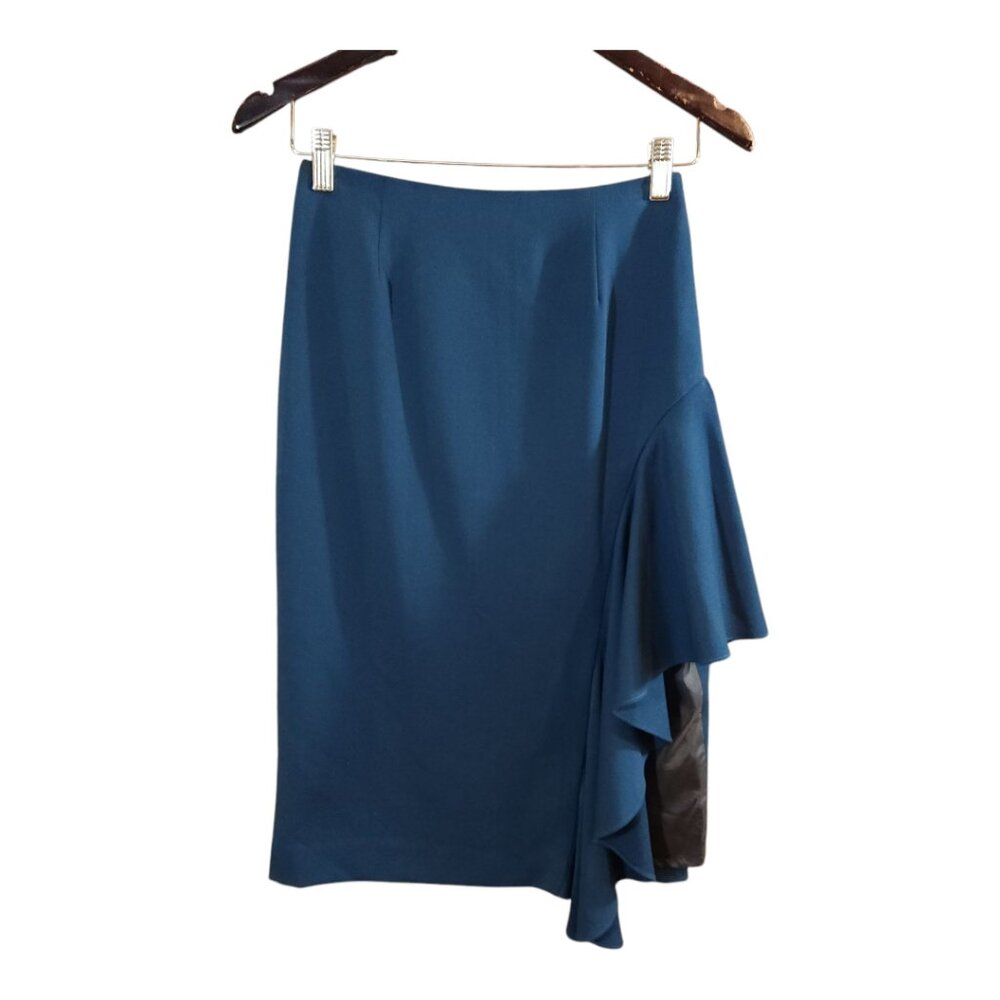 Kaelen Wool Blend Ruffled Midi Length Pencil Skirt Quiet Luxury Career Women's 2